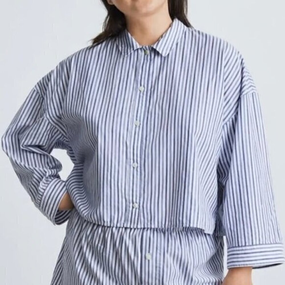 Everlane The Woven PJ Top Boxy Cotton in Blue Pinstripes Size M NWT